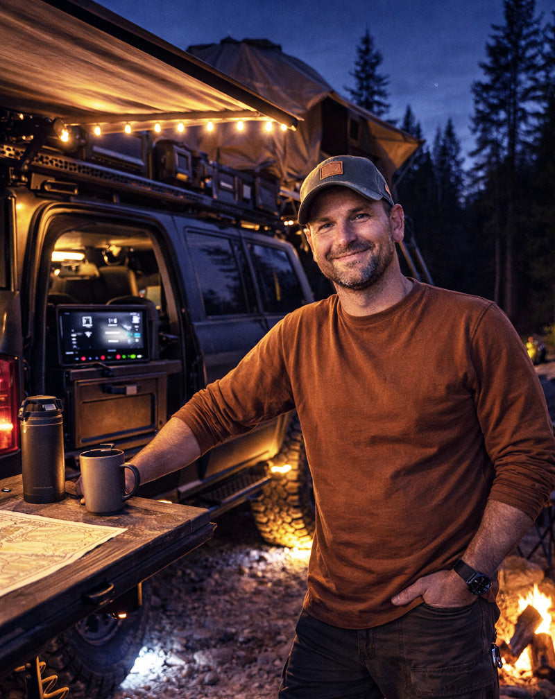 "Camping deep in the backcountry with my rig. One-tap control for camp lights and awning via the Box made setup fast—more time enjoying the fire instead of wiring."— Chris, Remote Camper