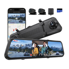 M4 3ch Mirror Dash Cam with 1080P 60fps Front+Rear+Bumper/Cabin Cameras, 12