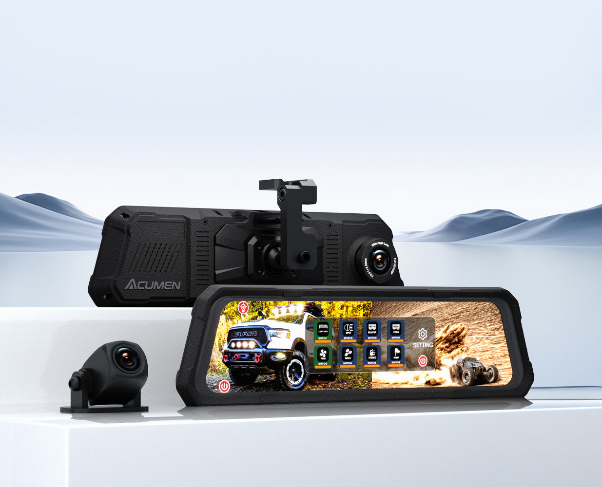 Acumen 4K Mirror DVR Switch System,12 Waterproof Rear View Mirror Camera With 8-Gang In-Car Power Solid-State Switch Control Box, With