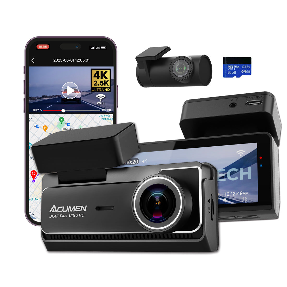 DC4K Plus 4K+2.5K Dash Cam Front and Rear,3.39" IPS Screen,WDR Super Night Vison with WIFI & GPS,24H Parking Monitor