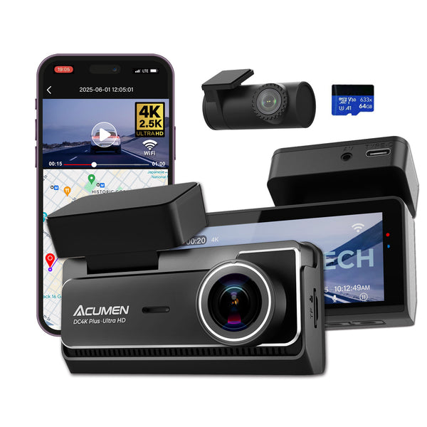 DC4K Plus 4K+2.5K Dash Cam Front and Rear,3.39" IPS Screen,WDR Super Night Vison with WIFI & GPS,24H Parking Monitor - Acumen Camera